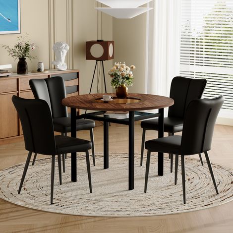 Table ronde minimaliste 4 chaises PU noires plateau bois salle à manger cuisine