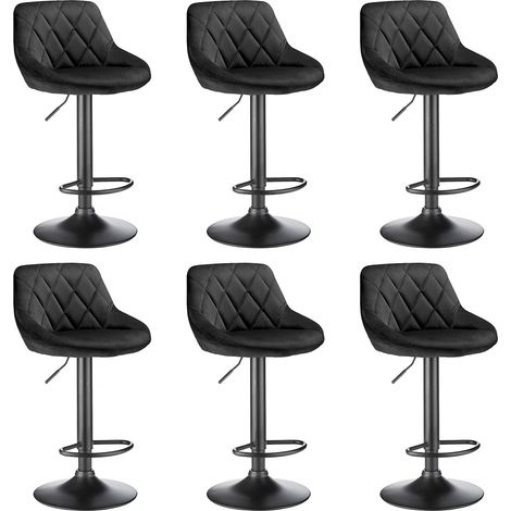 Juego de 6 Taburetes de bar, Taburetes Altos de Cocina de Tela de Terciopelo, con Respaldo Regulable en Altura, Reposapiés - Negro (1/5)