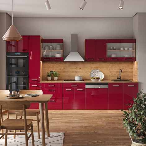 Cuisine R-Line, Rouge brillant/Chêne doré, 350cm avec armoire haute, PT Marbre, Vicco