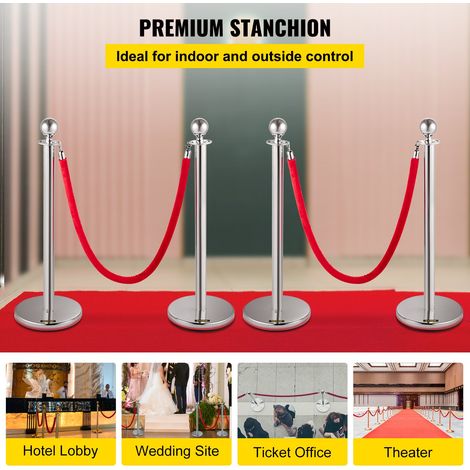 Poteau de Guidage Séparation d'Argent 4 Pcs avec 2 Cordes Velours Rouges 1,5 m, Fils d'Attente de Queue Poteau Individuel de Sécurité 96 cm Hauteur Barrière de Queue pour Contrôle des Foules (1/5)
