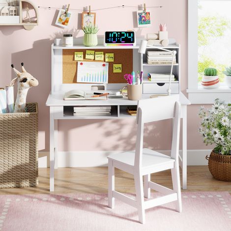 Bureau pour enfants avec chaise, bureau d'étudiant en bois avec tableau de liège et tiroir - blanc (1/5)