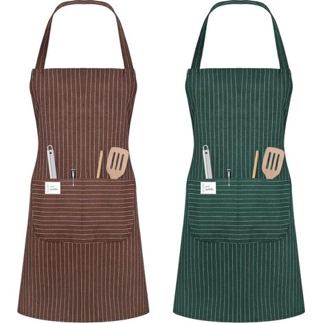 Tabliers de Cuisine,2Pcs Réglable Tabliers Etanche avec 2 Poche pour Femmes Hommes Chef pour Cuisine,Jardinage, Restaurant,Barbecue,Café (couleur café + vert) (1/5)