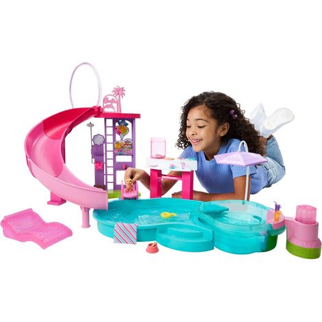 Mattel Barbie Traumpool Spielset mit Rutsche und schäumendem Whirlpool sowie über 20 Zubehörteilen w