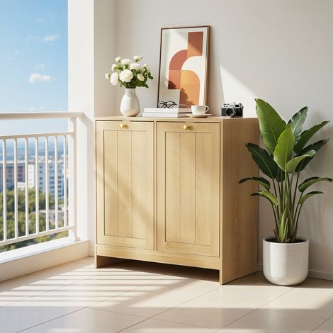 URBAN MEUBLE Duodecahedral Meuble à linge 66x33x68cm en MDF chêne – Panier à linge inclinable avec paniers amovibles, rangement salle de bain moderne (1/5)