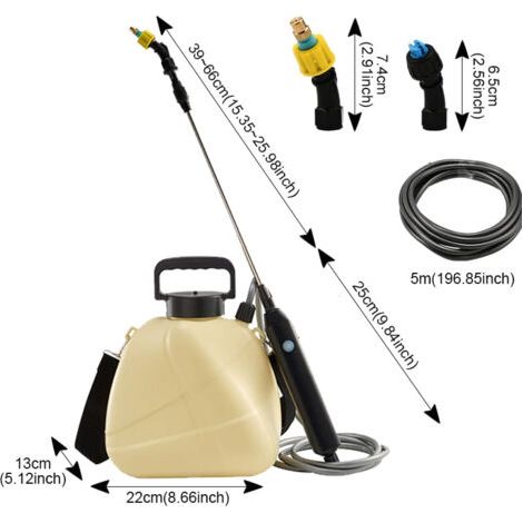 Un pulvérisateur électrique de 5 litres alimenté par batterie avec une poignée rechargeable, une poignée télescopique de 91 cm, 3 buses et une bandoulière réglable (jaune). (1/3)