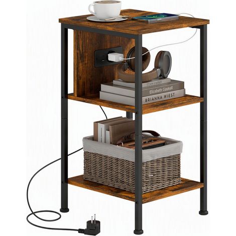 Table d'appoint avec station de charge, bout de canapé étroit avec 2 étagères ouvertes, style industriel, brun rustique (1/5)