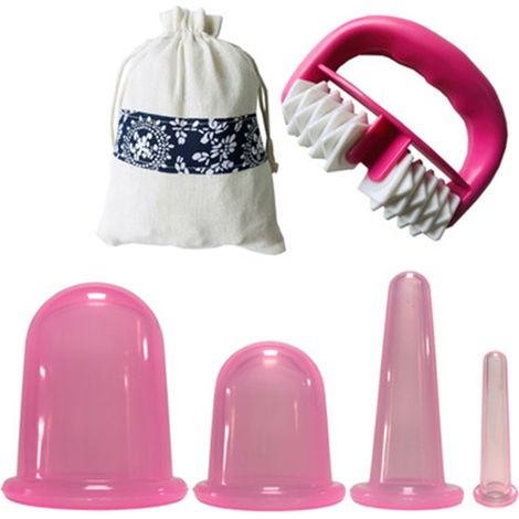 Juego de 4 ventosas y rodillo de masaje de silicona, kit de terapia de vacío para rostro y cuerpo, tratamiento anticelulítico y relajación muscular. (1/5)