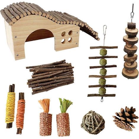 Lot de 10 jouets à mâcher pour hamsters, décoration pour cage et petits animaux. (1/4)
