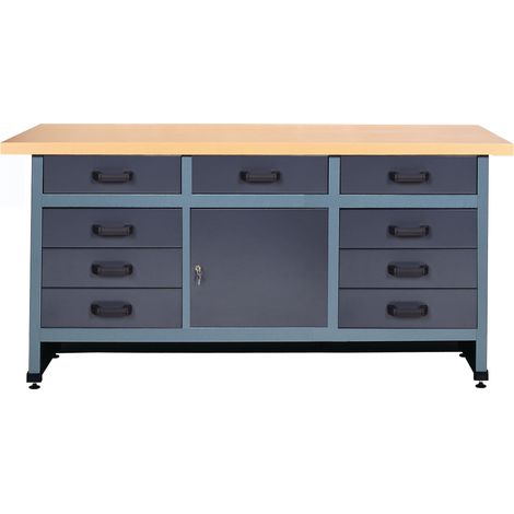 Établi modulable 1700x600mm 9 tiroirs – Construction en tôle d'acier 1mm – Charge admissible 20kg par tiroir – 19870