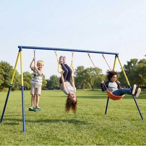 Altalena da giardino per bambini 285x160x181 cm, 3 in 1 con altalena classica, anelli ginnici, acciaio multicolore (1/5)