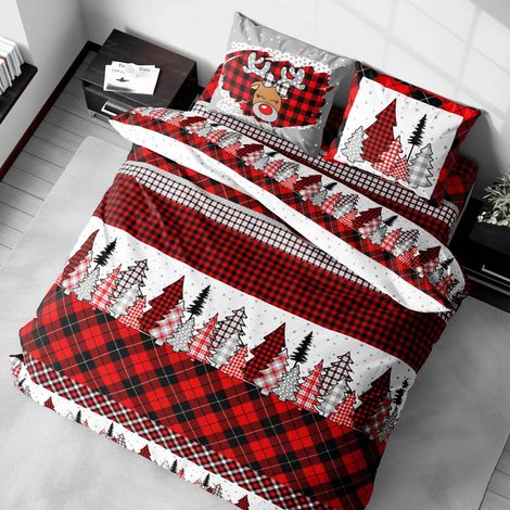 Copripiumino in Puro Cotone con Stampa Renna, Motivo Scozzese Rosso e Nero, Made in Italy Cm. 155X200 (1/5)