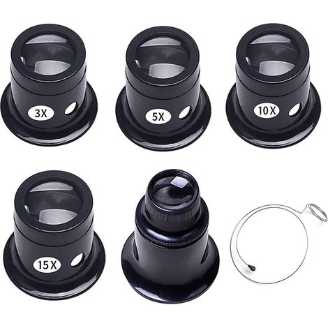 Lupas de relojero de 5 piezas de diferentes potencias, kits de lupas para reparación de relojes, juego de lupas de relojero, 3X / 5X / 10x / 15x / 20x, para relojeros y joyeros (1/5)