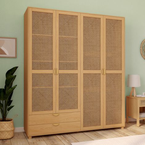 Armario de 4 puertas EDHEN de madera y caña 160 cm con 2 cajones y estantes (1/5)