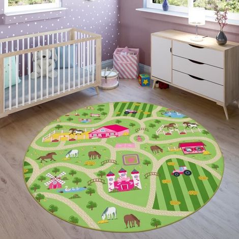 Tapis pour enfants, Tapis de jeu pour chambres d'enfants, Paysage et chevaux, En vert Ø 160 cm rond (1/4)