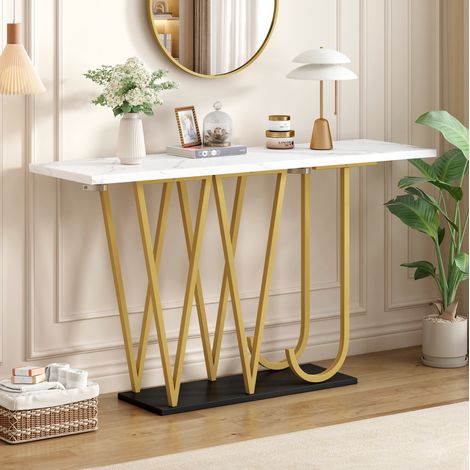 Table console 120 x 29,5 x 80 cm, MDF et métal, effet marbre blanc, OKWISH (1/5)