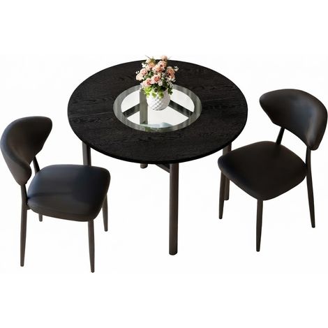 ELVMI Esstisch-Set mit 1 Rundem Tisch und 2 Stühlen, für 2 bis 4 Personen, MDF, Metall, Glas und PU, Schwarz (1/5)
