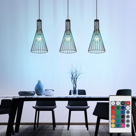 Hängelampe dimmbar mit Fernbedienung LED Pendelleuchte Esstisch modern Esszimmerlampe 3-flammig,RGB Farbwechsel, Käfig-Design Industrial, 3x 8,5W 806lm warmweiß, LxBxH 84x20x120 cm