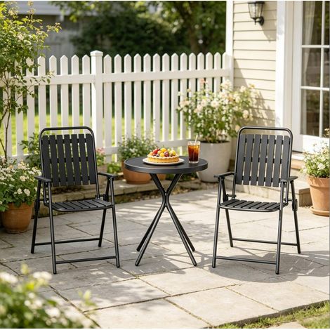 Gartenmöbel-Set 2-Sitzer aus Eisen, Glas und PP in Schwarz, runder Glastisch mit klappbaren Stühlen (1/5)