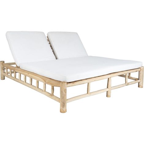 Bain de soleil 2 places en teck avec matelas - Naturel clair et blanc - TULUM de MYLIA