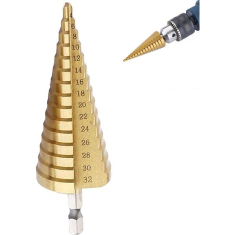 Foret Etagé, Foret Fraise Conique en HSS avec Revêtement Titane Tige Hexagonale Conception de Double Fentes 4mm - 32mm pour Visseuse Perçage sur Bois Acier Laiton Plastique