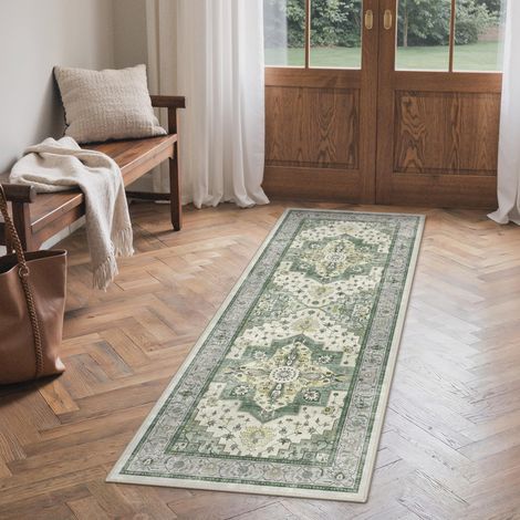 Tapis Salon Vintage Entree 80x150cm Lavable en Machine AntidéRapant Poil Ras, pour Chambre Salle a Manger Descente de Lit Bureau, Cuisine, Vert Sauge Délavé (1/5)