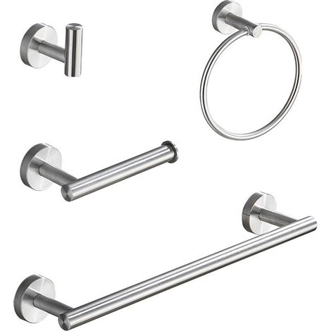 Kit Accessoires Salle De Bain - Barre Porte-Serviettes Anneau Porte-Serviettes Porte-Papier Toilette Crochet Peignoir - Nickel Brossé - 4 Pièces (1/5)