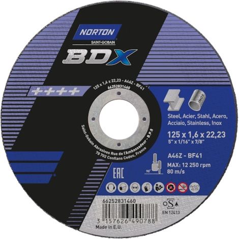 Norton – Disque à tronçonner pour meuleuse 125mm – Épaisseur 1.6mm – Métal inox – Grain oxyde d'alumine – Gros enlèvement de matière