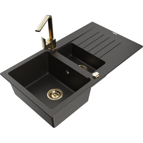 Mexen Matias 1,5-Becken-Granitspüle mit Abtropffläche und Mischbatterie Rita, Schwarz/Gold - 6502-75