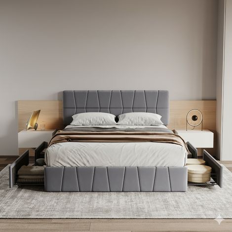 Letto 160x200 cm - Letto matrimoniale imbottito - con 4 cassetti - Design moderno e comfort ottimale - in velluto grigio (1/5)