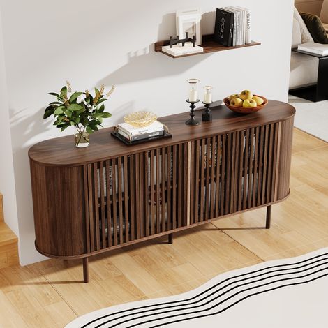 Credenza con 4 Ante Scorrevoli Traforate, Ripiani Regolabili e Gambe in Metallo, per Soggiorno, MDF Noce, 160×40×70 cm (1/5)