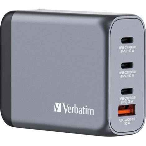 VERBATIM USB-Ladegerät 32202, 100W, 1x USB-A QC, 3x USB-C PD, grau (1/5)