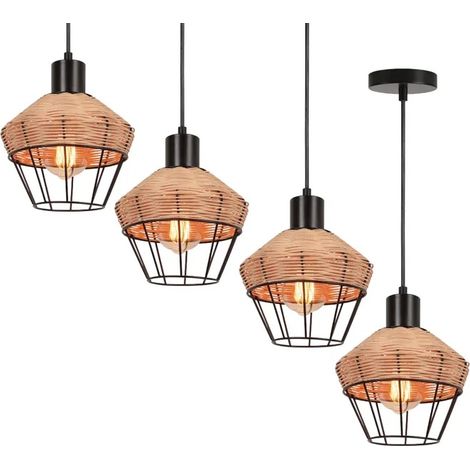 Lustre Suspension Vintage - - Abat-jour Bambou et Métal - Noir - 4 Ampoules - 60W (1/5)