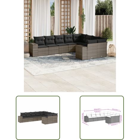 The Living Store 9-tlg. Garten-Sofagarnitur mit Kissen Grau Poly Rattan - Gartensofas - Outdoor Möbel - Lounge Set - Rattan Gartenmöbel - Gartenlounge (1/2)
