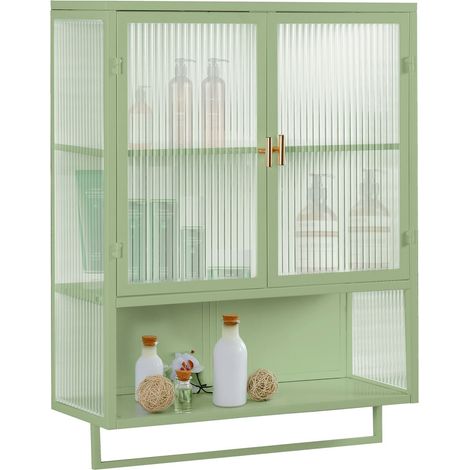 Armoire murale moderne à deux portes vitrées de 60CM, avec rangement fermé à deux niveaux, une étagère ouverte et un porte-serviettes, pour entrée, salon, salle de bain et salle à manger, vert (1/5)