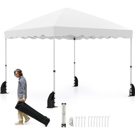 Gazebo pieghevole 3 x 3 m, riparo portatile per esterni con borsa trolley, 8 picchetti, 4 ancoraggi, 4 corde antivento, 4 sacchi di sabbia, Bianco (1/5)