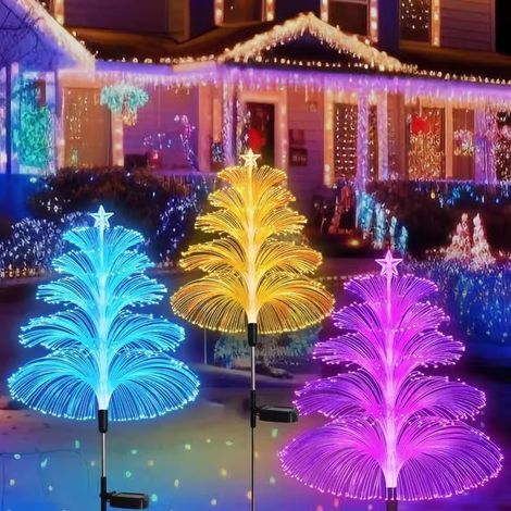 Lot de 1 décorations de Noël solaires – Lumières solaires d'extérieur étanches en forme de méduse – 5 couches de fibre optique – 7 couleurs changeantes pour allée, pelouse, terrasse. (1/4)