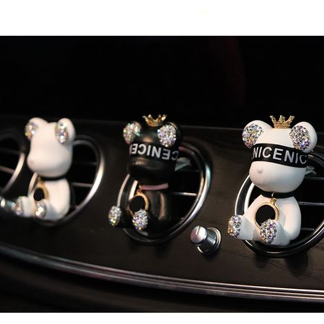Désodorisant pour grille d'aération de voiture, ours mignon en strass, parfum léger longue durée, avec clip en métal, ours noir aux yeux bandés (1/2)