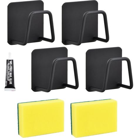 Lot de 4 Supports Éponge avec 2 Brosses, Acier Inoxydable, Sans Perçage, Ventouse Forte, pour Cuisine et Salle de Bain