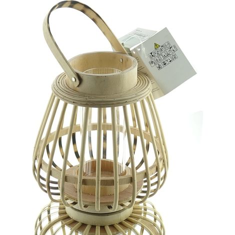 Kaemingk Bambuslaterne Beige mit Glaseinsatz 30 cm