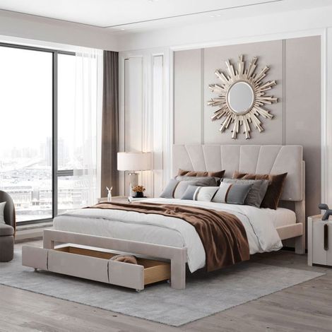 Letto 140x200 cm - Design elegante - Imbottito - Velluto - Struttura letto matrimoniale 140x200 cm - beige