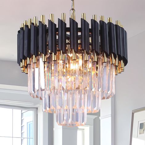 1 Lustre Cristal 3 Niveaux, Noir Et Or, Acier Inoxydable, E14x5, Pour Salon Cuisine Hall