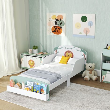 Kleinkinderbett mit Stauraum, sicheren Schutzgittern, Löwenmotiv, für Jungen und Mädchen im Alter von 3–8 Jahren, passend für Matratzen der Größe 140 x 70 cm, Grün