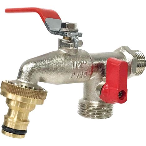 G6354 Dual Outlet Garden Tap 1/2" – 3/4". Perfect for patios and terraces with irrigation timer, Silver