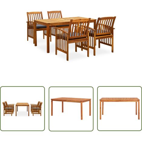 The Living Store Ensemble à manger de jardin 5 pcs avec coussins Acacia solide - Ensemble Salon De Jardin - Mobilier De Jardin - Table De Jardin - Chaises De Jardin - Acacia (1/5)