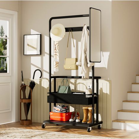 Appendiabiti mobile 3 in 1 con ruote, specchio e cestino, metallo nero, 70x40x170 cm (1/5)
