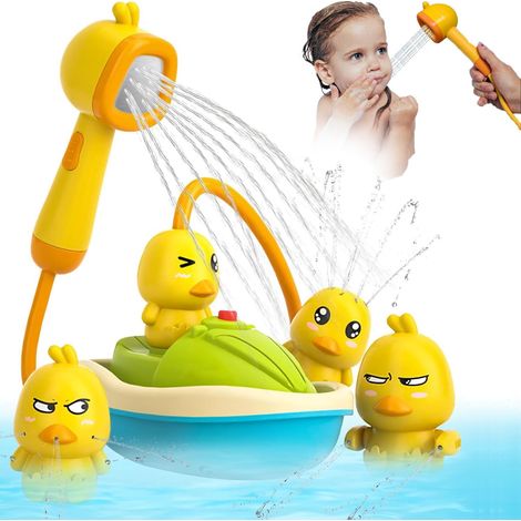 Doccia staccabile a forma di paperella + 3 giocattoli da bagno a forma di paperella e barca con pompa elettrica per l'acqua - Giocattoli educativi per il bagnetto dei neonati - Giocattoli acquatici pe