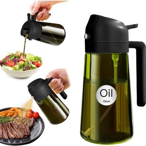 - Bottiglia in vetro - Spruzzatore per olio - Funzione 2 in 1 - Impermeabile e con versamento preciso - Per cucinare e grigliare - Nero - 470 ml (1/5)