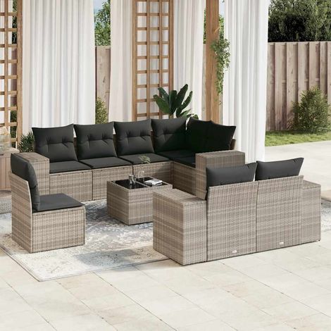 Set muebles jardín 9 pzas y cojines ratán sintético gris claro vidaXL (1/5)