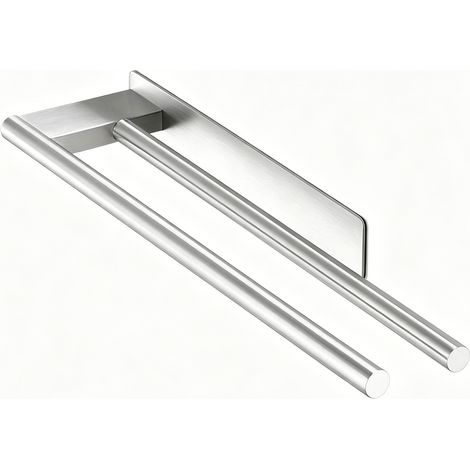 Porte Serviette Salle De Bain sans Percage, Adhesif Double Porte Serviette Acier Inoxydable Mural, Porte Serviettes pour Salle De Bain Et Cuisine, Argent Brossé (1/5)