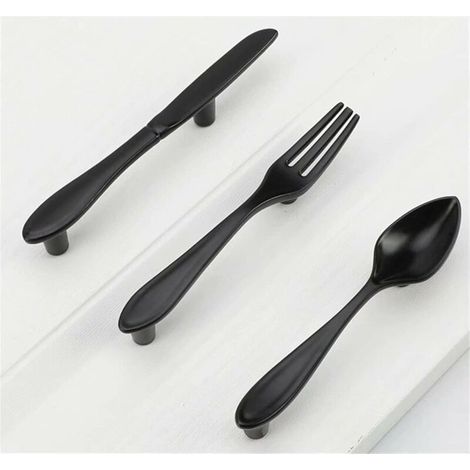 [NEVER USED] Pack Knife Spoon Fork Shape Cabinet Handles Door Pulls Hole Center 3" Matte Black